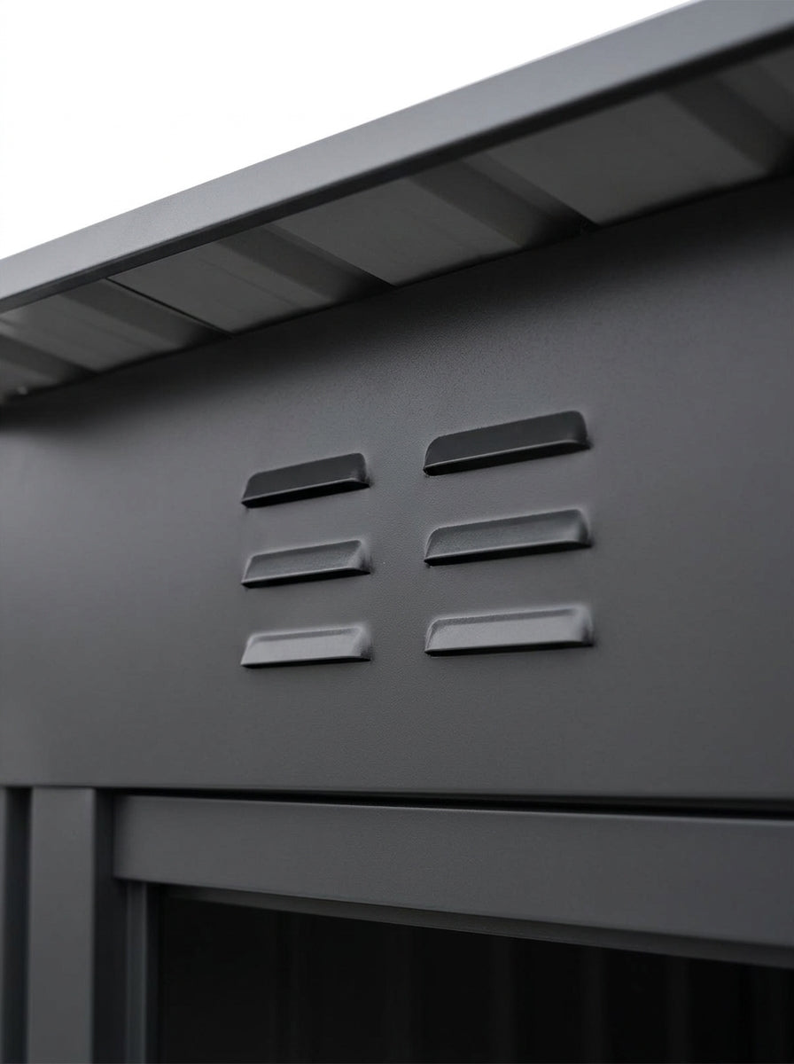 Metal storage shed showing two vents, sloped roof and lockable door