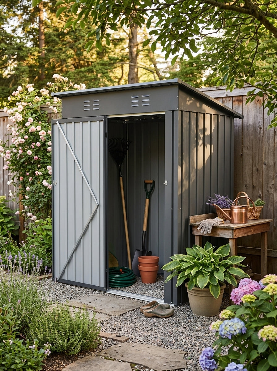 Gray 5 by 3 foot metal storage shed in a modern backyard