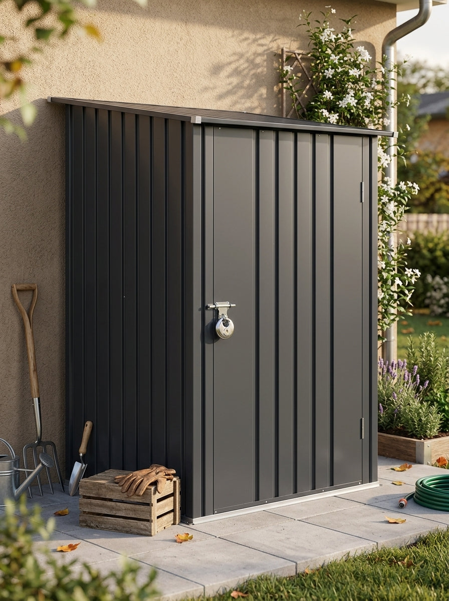 Compact dark gray metal storage shed beside a home