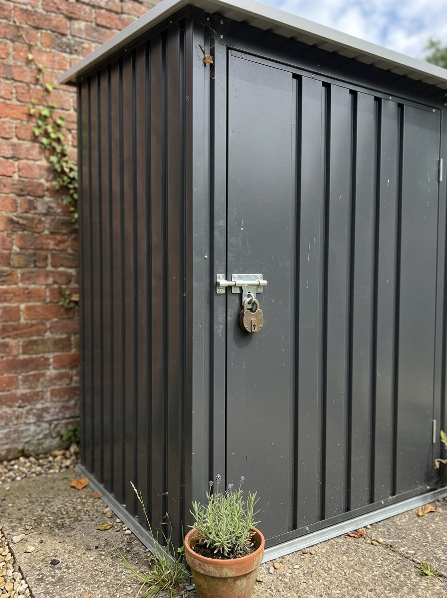 Dark gray metal shed with sloped roof and lockable door